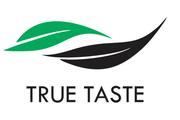 Logo of 'True Taste' with green and black leaf shapes on a white background